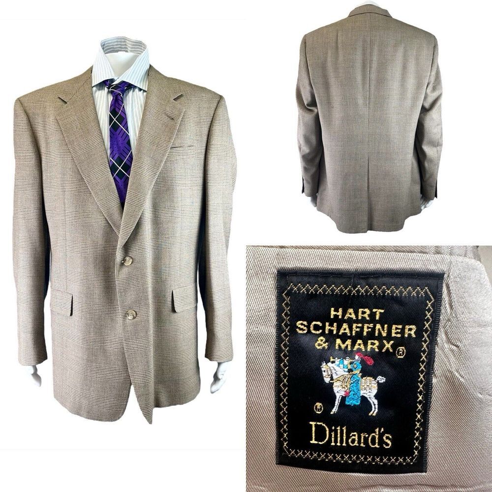 Hart Schaffner Marx Sport Coat Men‎ 46L Brown Plaid Wool Union Made USA Career